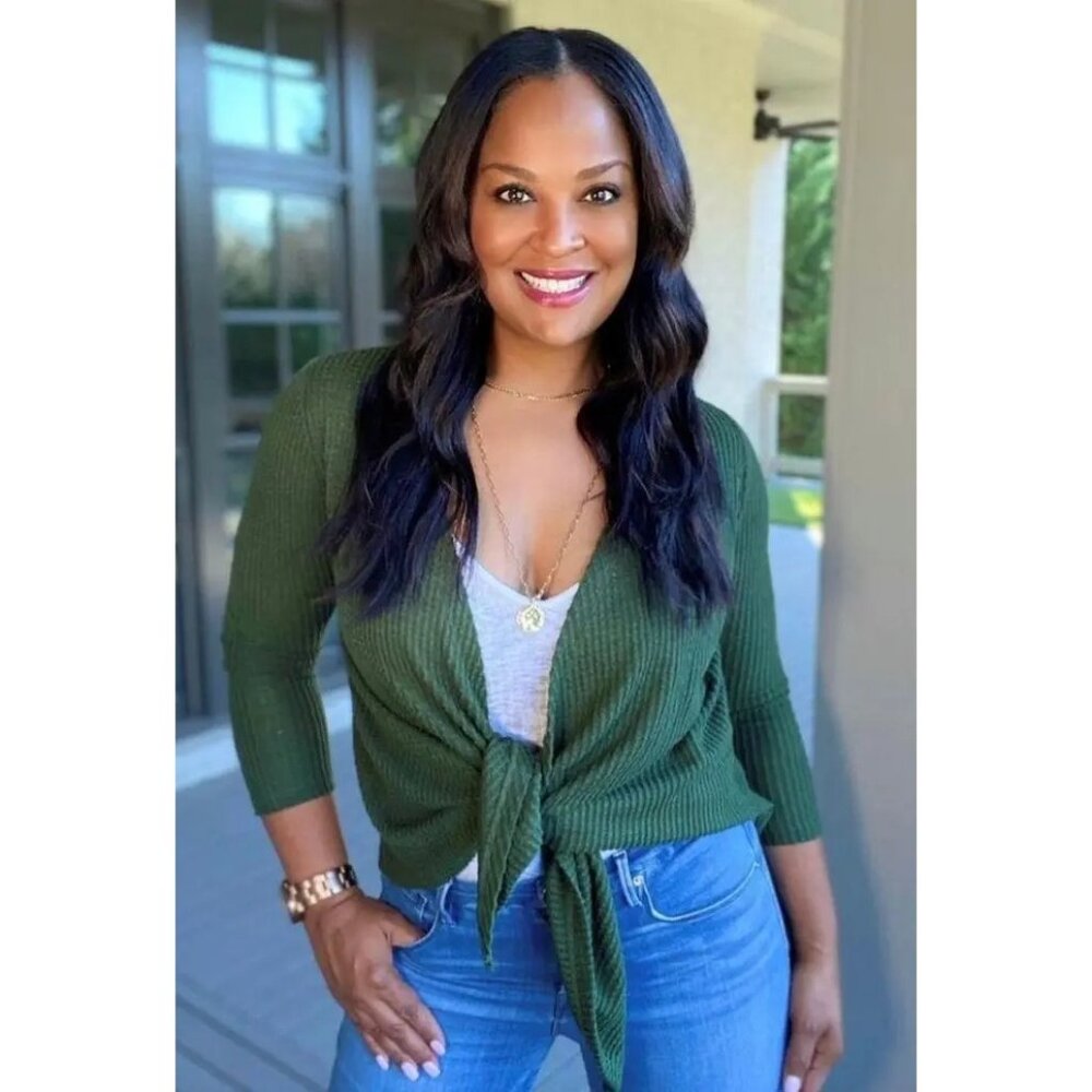 New! Laila Ali Wraparound 3-way cardigan sweater top, Olive Green, Large, Waffle